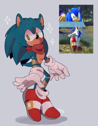 Size: 3500x4500 | Tagged: safe, artist:pastelmangos, artist:yu33_pm, sonic the hedgehog, sonic frontiers, boom sonic, boom style, frown, grey background, looking offscreen, posing, redraw, reference inset, screenshot, signature, simple background, solo, sonic boom (tv), standing, star (symbol)