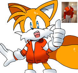 Size: 2048x1916 | Tagged: artist needed, safe, miles "tails" prower, jacket, looking ahead, mobius.social exclusive, mouth open, one fang, reference inset, simple background, smile, solo, standing, thumbs up, transparent background