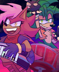 Size: 1650x2000 | Tagged: safe, artist:eluxrayz, manik the hedgehog, sonia the hedgehog, hedgehog, sonic underground, abstract background, brother and sister, chest fluff, drums, drumsticks, duo, female, keytar, lidded eyes, looking at viewer, male, mouth open, siblings, smile, standing