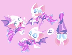 Size: 1569x1200 | Tagged: safe, artist:mimiadraws, rouge the bat, sonic prime, cute, female, flying, hand on ground, hanging, lidded eyes, lineless, looking at viewer, looking offscreen, mouth open, pink background, rougabetes, simple background, sleeping, smile, solo, solo female, sparkles, upside down, zzz