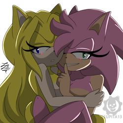 Size: 1000x1000 | Tagged: suggestive, artist:lupita13, amy rose, maria robotnik, oc, oc:maria the hedgehog, blushing, breasts, duo, duo female, female, holding each other, lesbian, lidded eyes, males only, mariamy, shipping, shooshing, signature, simple background, sitting, smile, white background