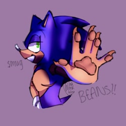 Size: 893x893 | Tagged: safe, artist:winkwonkblog, sonic the hedgehog, bust, claws, english text, gloves off, hand on hip, heart chest, lidded eyes, looking back, looking offscreen, male, pawpads, purple background, simple background, smile, smug, solo, solo male, standing, top surgery scars, trans male, transgender