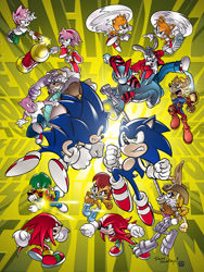 Size: 1000x1333 | Tagged: safe, artist:nigel dobbyn, artist:tracy yardley, amy rose, antoine d'coolette, bunnie rabbot, johnny lightfoot, knuckles the echidna, miles "tails" prower, rotor walrus, sally acorn, sonic the hedgehog, tekno the canary, fight, group, porker lewis, shortfuse the cybernik