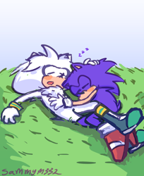 Size: 2048x2513 | Tagged: safe, artist:sammym332, silver the hedgehog, sonic the hedgehog, blushing, cute, daytime, duo, eyes closed, gay, grass, hand on another's head, lying down, outdoors, shipping, silvabetes, sleeping, sonabetes, sonilver, zzz