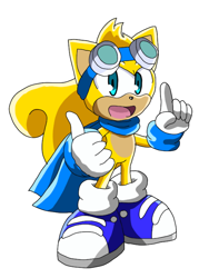 Size: 582x775 | Tagged: safe, artist:alexthestarchild, ray the flying squirrel, blue shoes, goggles, goggles on head, looking at viewer, male, mouth open, pointing, scarf, simple background, smile, solo, solo male, standing, thumbs up, white background