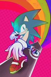 Size: 1369x2048 | Tagged: safe, artist:chaotixcontrol, sonic the hedgehog, 31 days sonic, sonic adventure 2, g.u.n logo, looking at viewer, male, modern sonic, pride, rainbow, smile, soap shoes, solo, solo male, standing