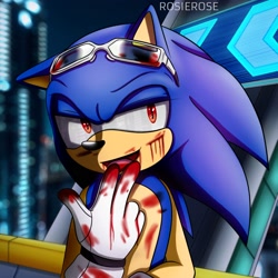 Size: 1800x1800 | Tagged: semi-grimdark, artist:rosierose, sonic the hedgehog, 2020, alternate universe, au:inside the darkness, bleeding, blood, blood splatter, blood stain, floppy ear, future city, licking, lidded eyes, looking offscreen, red eyes, scratch (injury), solo, sonic riders, standing, sunglasses, wound