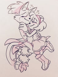 Size: 1936x2592 | Tagged: safe, artist:burning-ablaze, amy rose, blaze the cat, amy x blaze, amybetes, blazeabetes, blushing, cute, duo, heart, holding each other, lesbian, shipping, simple background, smile, snuggling, traditional media