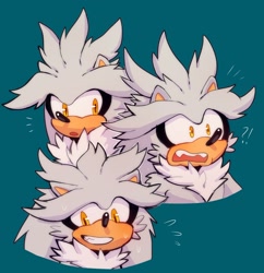 Size: 1671x1724 | Tagged: safe, artist:bongwater777, silver the hedgehog, bust, clenched teeth, exclamation mark, fangs, looking at viewer, looking offscreen, messy fur, mouth open, neck fluff, question mark, simple background, smile, solo, sweatdrop