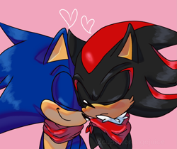 Size: 2577x2169 | Tagged: safe, artist:littlecl0ud, shadow the hedgehog, sonic the hedgehog, 2022, bandana, blushing, cheek fluff, chest fluff, duo, duo male, eyes closed, heart, male, pink background, simple background, smile, standing