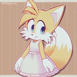 Size: 512x512 | Tagged: safe, ai art, artist:mobians.ai, miles "tails" prower, abstract background, dress, eyelashes, eyes closed, female, gender swap, looking offscreen, mobius.social exclusive, smile, solo, solo female, standing