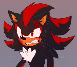 Size: 1578x1382 | Tagged: semi-grimdark, artist:bongwater777, shadow the hedgehog, 2020, bleeding, blood, clenched teeth, injured, looking offscreen, male, purple background, simple background, solo, standing, sweatdrop