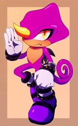 Size: 2425x3900 | Tagged: safe, artist:bongwater777, espio the chameleon, 2020, abstract background, blushing, border, clenched fist, frown, looking offscreen, male, posing, solo, standing on one leg