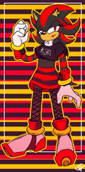 Size: 1842x3745 | Tagged: safe, artist:gentlebrownbaby, shadow the hedgehog, abstract background, au:girl (mykell cube), crop top, earring, fishnets, frown, lipstick, looking offscreen, nonbinary, signature, skirt, solo, standing, striped background