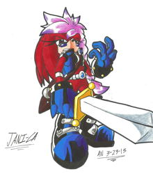 Size: 838x953 | Tagged: safe, artist:armpit warrior, jani-ca, echidna, 2013, belt, boots, english text, female, jacket, signature, sketch, solo, sunglasses, sword, sword of acorns, white background