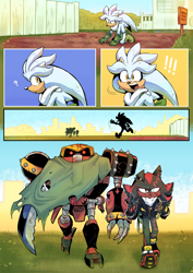 Size: 1280x1810 | Tagged: safe, artist:fernsnailz, e-123 omega, shadow the hedgehog, silver the hedgehog, hedgehog, comic, gardening, robot, scar