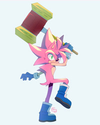 Size: 2048x2557 | Tagged: safe, artist:yellowvixen, amy rose, blue background, boots, holding something, looking offscreen, male, piko piko hammer, signature, simple background, solo, standing on one leg, trans male, transgender