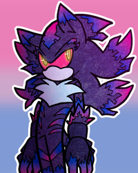 Size: 2048x2560 | Tagged: safe, artist:feeble-minded-little-gay, mephiles the dark, bisexual, bisexual pride, chest fluff, gradient background, looking offscreen, male, no mouth, outline, pride flag background, red sclera, solo, standing