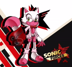 Size: 2041x1902 | Tagged: safe, artist:anuchasart, sonic forces, abstract background, barely sonic related, bigender, crossover, five nights at freddy's, holding something, logo, looking at viewer, mangle (fnaf), mobianified, one fang, smile, solo, standing, wispon