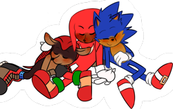 Size: 1938x1214 | Tagged: safe, artist:bluekitty-art, knuckles the echidna, mighty the armadillo, sonic the hedgehog, blushing, blushing ears, cute, eyes closed, gay, holding hands, knucklebetes, knuxighty, knuxonic, lying down, mightabetes, outline, polyamory, shipping, simple background, sitting, sleeping, smile, snuggling, sonabetes, sonighty, transparent background, trio