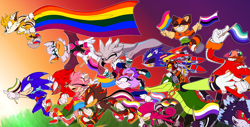 Size: 3750x1911 | Tagged: safe, artist:soulstyblueberrie, amy rose, charmy bee, espio the chameleon, knuckles the echidna, marine the raccoon, mephiles the dark, metal sonic, miles "tails" prower, robotnik, rouge the bat, shadow the hedgehog, silver the hedgehog, sonic the hedgehog, vector the crocodile, 2022, abstract background, agender pride, apothosexual pride, aro ace pride, aromantic pride, asexual pride, bisexual pride, cape, demiboy pride, demigirl pride, everyone is here, facepaint, flag, flying, fraysexual pride, gay pride, genderfluid pride, graysexual pride, group, holding something, intersex pride, lesbian pride, lithosexual pride, looking ahead, mid-air, mlm pride, nonbinary pride, omnisexual pride, outline, pansexual pride, polysexual pride, pride, running, skating, smile, spinning tails, sunset, trans pride, wall of tags