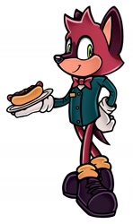 Size: 915x1541 | Tagged: safe, artist:reverendcolton, barry the quokka, the murder of sonic the hedgehog, 2023, chili dog, hand on hip, holding something, looking at viewer, plate, simple background, smile, solo, standing, uekawa style, white background