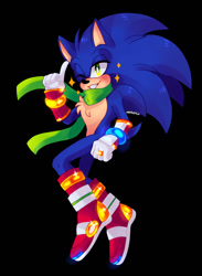 Size: 1100x1500 | Tagged: safe, artist:marleyla, sonic the hedgehog, 2019, alternate universe, black background, blushing, boots, chest fluff, clenched teeth, lidded eyes, looking up, pointing, scarf, signature, simple background, smile, solo, sparkles, star (symbol), wink