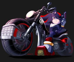 Size: 900x755 | Tagged: safe, artist:catnaro, shadow the hedgehog, 2014, darkrider, frown, g.u.n logo, grey background, gun, holding something, lidded eyes, looking at viewer, motorcycle, simple background, sitting, solo