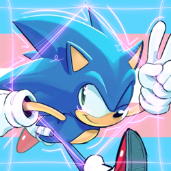 Size: 768x768 | Tagged: safe, artist:homophobic-sonic, sonic the hedgehog, hedgehog, edit, icon, looking back, male, pride flag background, running, smile, solo, trans male, trans pride, transgender, v sign, wink