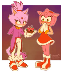 Size: 1280x1490 | Tagged: safe, artist:himitsu_png, amy rose, blaze the cat, cat, hedgehog, 2023, amy x blaze, amy's halterneck dress, blaze's tailcoat, blushing, cute, female, females only, flower, lesbian, shipping