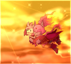 Size: 2048x1829 | Tagged: safe, artist:narf-so, amy rose, blaze the cat, burning blaze, cat, hedgehog, 2022, amy x blaze, amy's halterneck dress, blaze's tailcoat, carrying them, cute, female, females only, flying, lesbian, shipping, super form