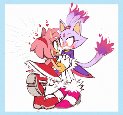 Size: 900x838 | Tagged: safe, artist:zzavok, amy rose, blaze the cat, cat, hedgehog, 2019, amy x blaze, amy's halterneck dress, blaze's tailcoat, blushing, cute, female, females only, hearts, holding hands, lesbian, shipping