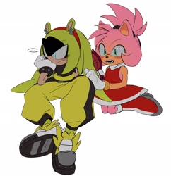 Size: 1979x2048 | Tagged: safe, artist:surgeamy, amy rose, surge the tenrec, hedgehog, tenrec, ..., 2022, annoyed, blushing, brushing, duo, female, females only, frown, lesbian, shipping, simple background, sitting, surgamy, white background