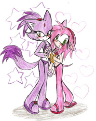 Size: 600x755 | Tagged: safe, artist:laurypinky972, amy rose, blaze the cat, cat, hedgehog, 2009, amy x blaze, bikini, blushing, cute, female, females only, hearts, holding hands, lesbian, shipping, star (symbol)