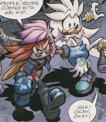 Size: 271x312 | Tagged: safe, artist:tracy yardley, jani-ca, silver the hedgehog, echidna, hedgehog, english text