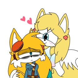 Size: 1280x1280 | Tagged: safe, artist:rosecandyart, miles "tails" prower, zooey the fox, oc, oc:amelia prower, fox, 2023, blushing, clothes, duo, eyes clipping through hair, female, females only, flat colors, frown, half r63 shipping, heart, lesbian, lidded eyes, sad, simple background, smile, sonic boom (tv), standing, tailsey, trans female, transgender, white background