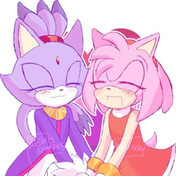 Size: 2048x2048 | Tagged: safe, artist:ranterbo, amy rose, blaze the cat, cat, hedgehog, 2023, alternate version, amy x blaze, amy's halterneck dress, blaze's tailcoat, blushing, eyes closed, lesbian, open mouth, pride, shipping