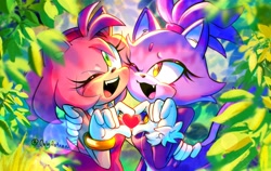 Size: 2048x1292 | Tagged: safe, artist:onlyastraa, amy rose, blaze the cat, cat, hedgehog, 2022, amy x blaze, amy's halterneck dress, blaze's tailcoat, cute, female, females only, heart, heart hands, lesbian, shipping