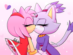 Size: 893x676 | Tagged: safe, artist:ketrin_like, amy rose, blaze the cat, cat, hedgehog, 2022, amy x blaze, amy's halterneck dress, blaze's tailcoat, cute, eyes closed, female, females only, heart, kiss, lesbian, shipping, valentine's day