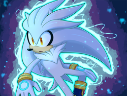 Size: 1100x828 | Tagged: safe, artist:ketlike, silver the hedgehog, 2020, flying, psychokinesis, signature, solo, yellow eyes