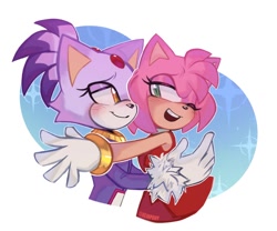 Size: 1024x850 | Tagged: safe, artist:ejpony, amy rose, blaze the cat, cat, hedgehog, 2023, alternate version, amy x blaze, amy's halterneck dress, blaze's tailcoat, blushing, cute, female, females only, hugging, lesbian, open mouth, shipping