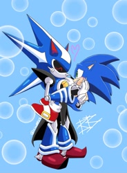 Size: 1464x1991 | Tagged: safe, artist:silasbb25, metal sonic, neo metal sonic, sonic the hedgehog, hedgehog, sonic heroes, 2023, black sclera, blue background, bubbles, carrying them, duo, floppy ears, genderless, looking at each other, male, metonic, robot, shipping, signature, simple background, standing