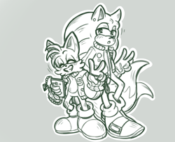 Size: 1200x977 | Tagged: safe, artist:takosa, miles "tails" prower, sonic the hedgehog, fox, hedgehog, blushing, duo, ear piercing, eyes closed, gay, grey background, holding something, jacket, lidded eyes, looking at viewer, monochrome, mouth open, outline, phone, shipping, simple background, smile, sonic x tails, standing, v sign