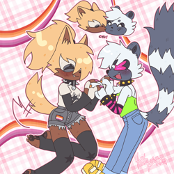 Size: 2048x2048 | Tagged: safe, artist:autismshadow, tangle the lemur, whisper the wolf, lemur, wolf, abstract background, blushing, duo, female, females only, heart eyes, holding hands, kiss on cheek, lesbian, lesbian pride, pride, shipping, smile, spiked bracelet, spiked collar, tangle x whisper, wagging tail