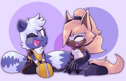 Size: 1525x989 | Tagged: safe, artist:guiltypandas, tangle the lemur, whisper the wolf, lemur, wolf, 2023, abstract background, blushing, cute, duo, eyelashes, female, females only, kneeling, lesbian, looking at them, mouth open, one eye closed, shipping, sitting, smile, tangabetes, tangle x whisper, whispabetes