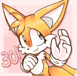 Size: 1053x1039 | Tagged: safe, artist:guiltypandas, miles "tails" prower, fox, 2022, abstract background, cute, english text, eyelashes, looking offscreen, smile, solo, standing, waving