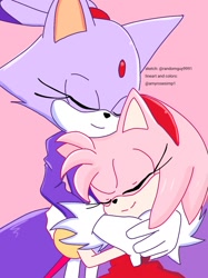 Size: 920x1232 | Tagged: safe, artist:amyrosesimp1, artist:randomguy9991, amy rose, blaze the cat, cat, hedgehog, 2021, alternate version, amy x blaze, amy's halterneck dress, blaze's tailcoat, cute, eyes closed, female, females only, hugging, lesbian, shipping