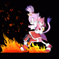 Size: 2048x2048 | Tagged: safe, artist:spofi, amy rose, blaze the cat, cat, hedgehog, 2021, amy x blaze, amy's halterneck dress, angry, blaze's tailcoat, female, females only, flames, lesbian, protecting, shipping