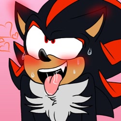 Size: 400x400 | Tagged: suggestive, artist:freddyfazgirlyt, shadow the hedgehog, hedgehog, ahegao, blushing, blushing ears, eyes rolling back, heart, male, pink background, saliva, simple background, solo, standing, sweatdrop, tongue out