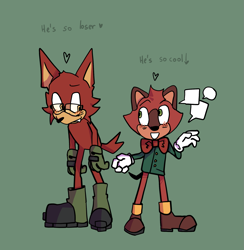 Size: 1769x1810 | Tagged: safe, artist:naiveregret, barry the quokka, gadget the wolf, wolf, the murder of sonic the hedgehog, barryget, blushing, dialogue, duo, english text, gay, green background, heart, looking at each other, one fang, quokka, shipping, simple background, smile, speech bubble, standing